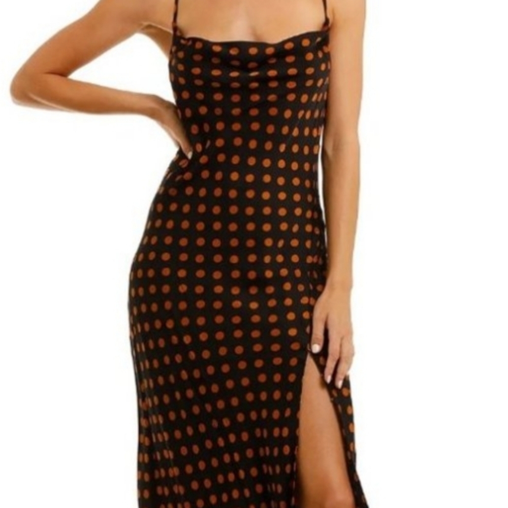 For Love & Lemons Black Midi Dress with Rust Polka Dots